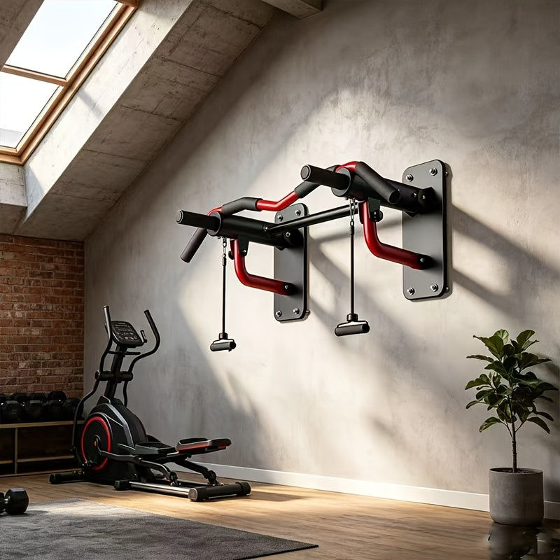 Wall-Mounted Multi-Grip Pull-Up & Dip Station with Resistance Bands