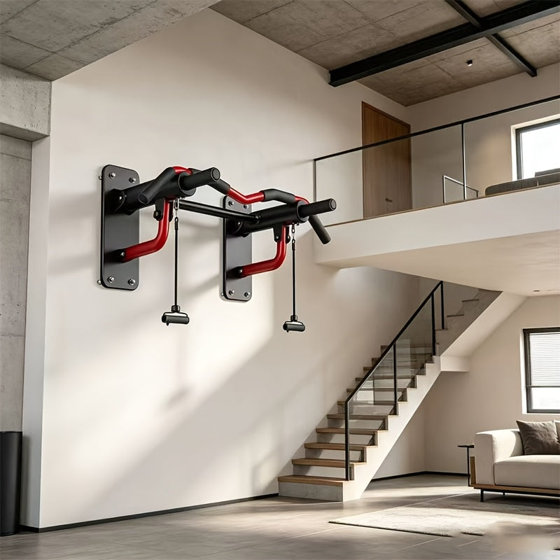 Wall-Mounted Multi-Grip Pull-Up & Dip Station with Resistance Bands